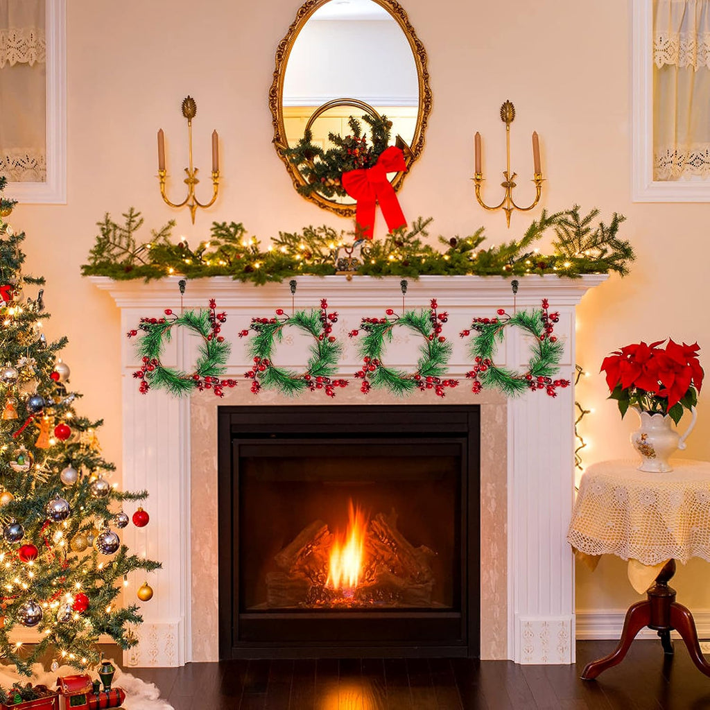 Christmas Candle Rings- 4.3 Inches Candle Wreaths Candle Garland with Artificial Red Berries- Xmas Wreath Candle Holder for Christmas Wedding Table Dinner Party Decoration, 4 Pcs