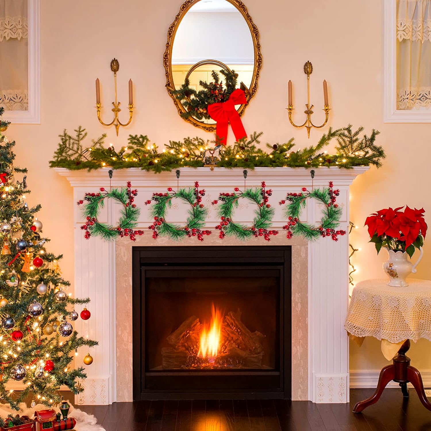 Christmas Candle Rings- 4.3 Inches Candle Wreaths Candle Garland with Artificial Red Berries- Xmas Wreath Candle Holder for Christmas Wedding Table Dinner Party Decoration, 4 Pcs