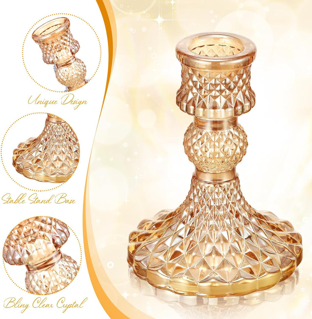 Sieral 24 Pcs Gold Taper Candle Holders 4'' Tall Candlestick Glass Holders Bulk Crystal Decorative Stand Wedding Stick Holder for Anniversary Party Dining Table Festival Decor