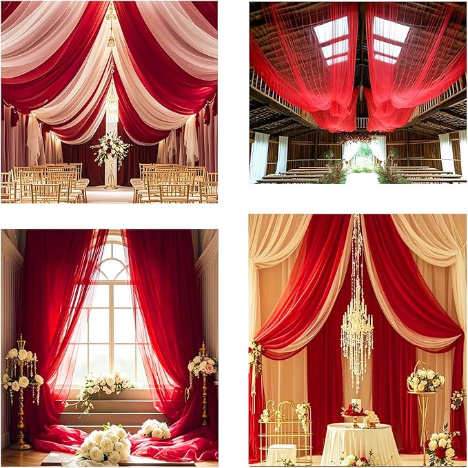 DUOBAO Chiffon Ceiling Drapes 20ft Red Wedding Backdrops Sheer Backdrop Curtains for Reception Wedding Ceremony Dark Red Sheer Arch Drapes Fabric Event Party Supplies 6 Panels 5×20ft