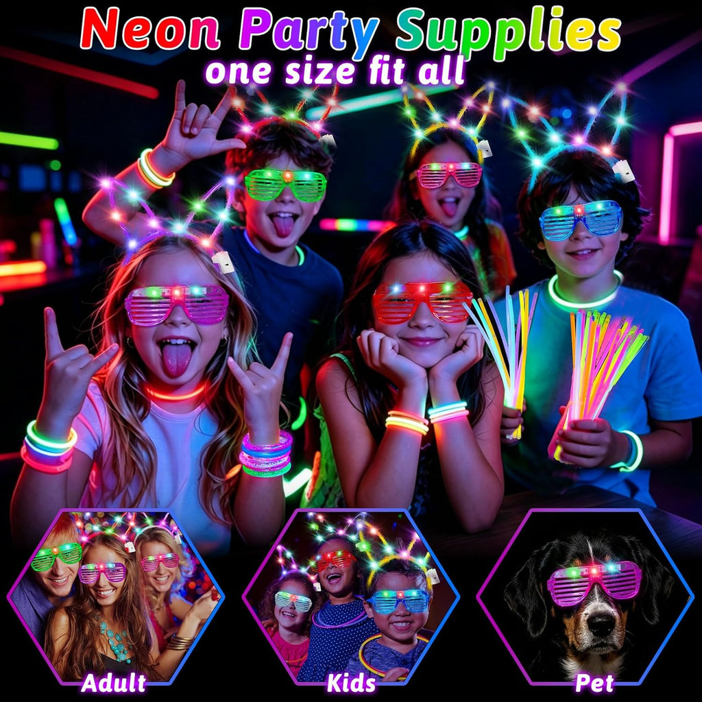 156Pcs Glow In The Dark Party Supplies for Kids/Adults, Light Up Accessories with Glasses, Headband, Bracelets, Necklaces, Wand, 100 Glow Sticks Bulk Party Pack, Neon Disco Birthday Party Decorations
