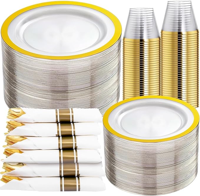 Rubtlamp 350 Pcs Clear Gold Plastic Plates, Disposable Dinnerware, Clear-Gold Plates Set Include 50 Dinner Platos 50 Dessert Platos, 50 Cups, 50 Pre Rolled Napkins with Cutlery Set for Party