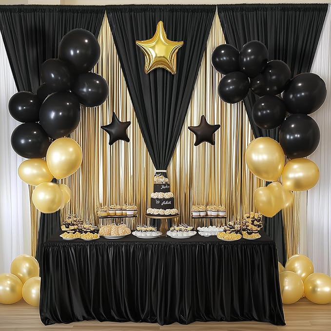 10×14ft Wrinkle Free Black Backdrop Curtain for Parties Wedding,2 Panels 5×14ft Height Soft Silky Polyester Photo Backdrop Drapes for Birthday Graduation Photography Stage Event Background Cloth