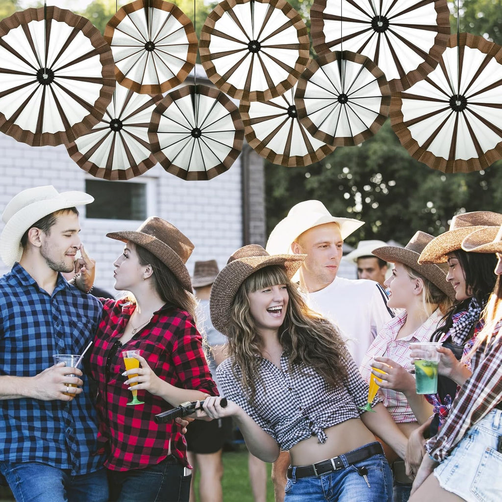 Outus 9 Pcs Western Cowboy Party Decorations Paper Fans Wagon Wheels Straw Hay Bales Hanging Ceiling Wall Decor for Country Western Themed Rodeo Farm Birthday Party Supplies (Wagon Wheels)