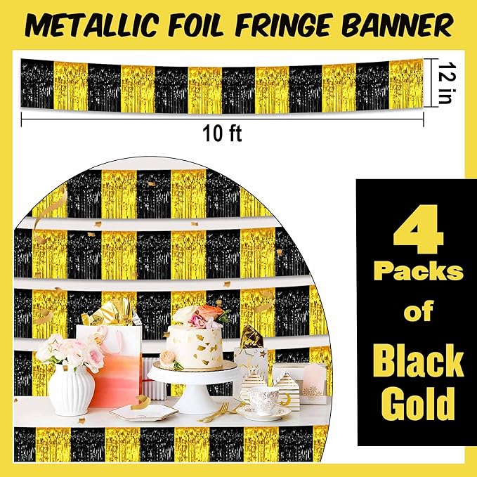 4 Pack 10 Ft Black and Gold Foil Fringe Garland Metallic Streamers Tinsel Banner Wall Hanging Garland Backdrop for Parade Floats, Halloween, Christmas, Thanksgiving, New Year Party Decorations