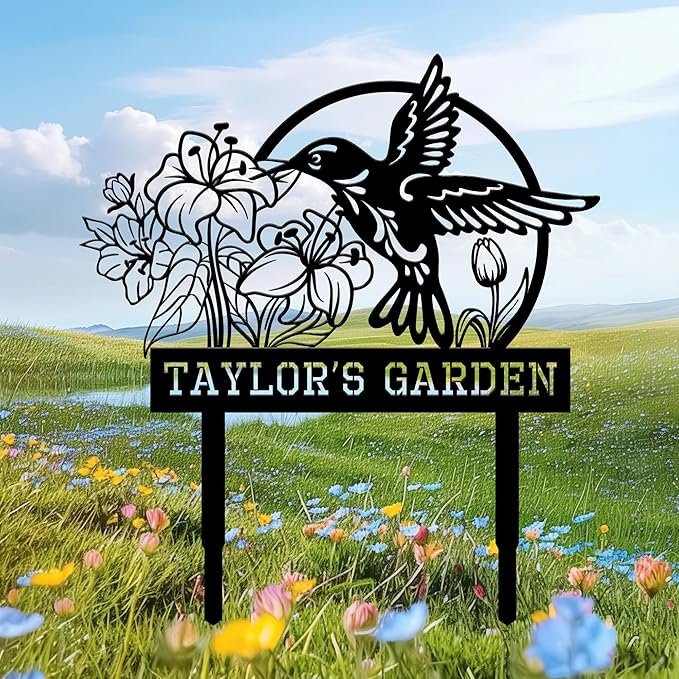 Personalized Garden Signs for Outside, Custom Metal Hummingbird Flowers Garden Decor with Stake, Custom Name Signs Outdoor Yard Patio Backyard Metal Decor Home Gifts