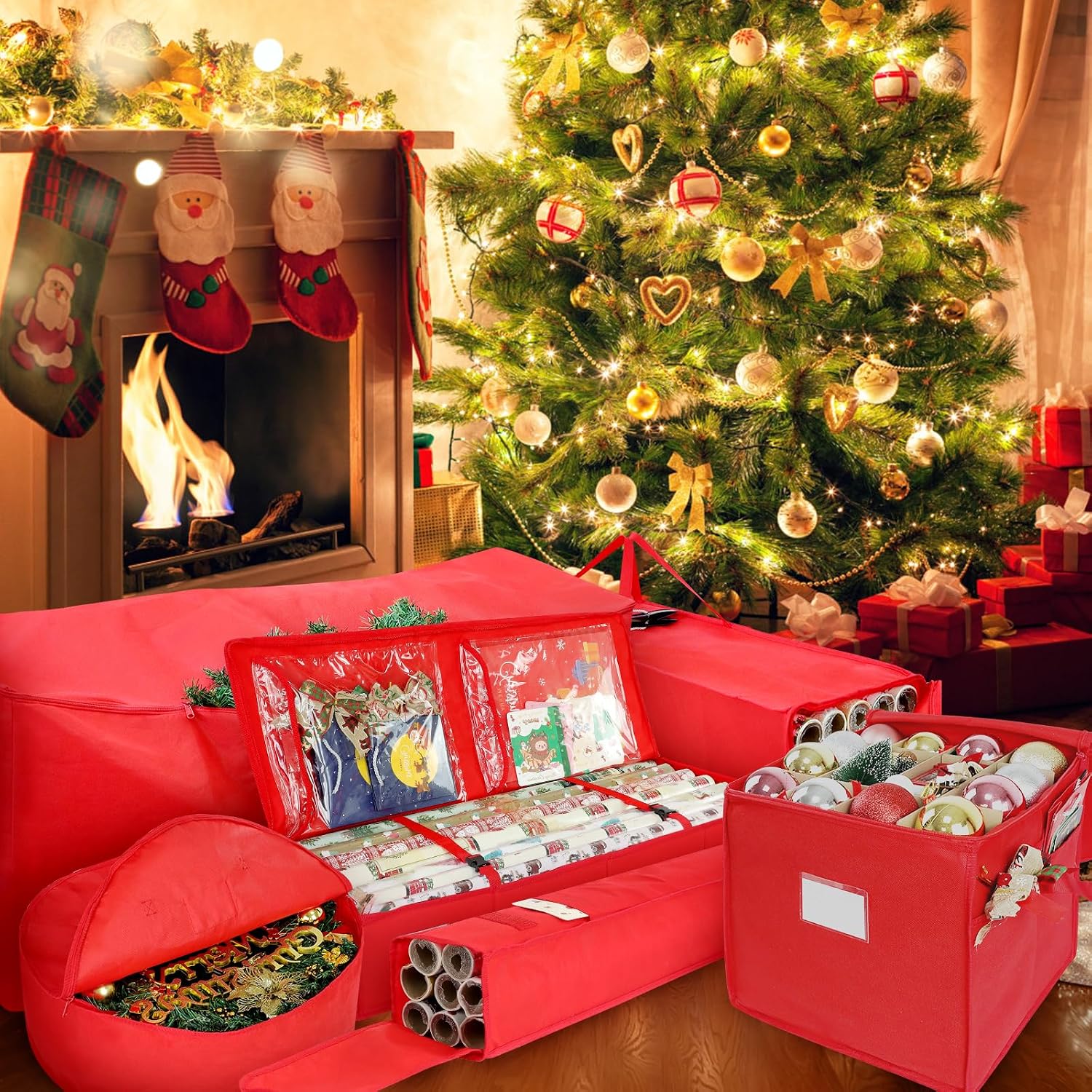 Demao Christmas Wrapping Paper Holder, Wrapping Paper Storage Bag for Christmas Rolls, Resistant 41 inch Organizer Storage Container, Stores up to 25 Standard Rolls