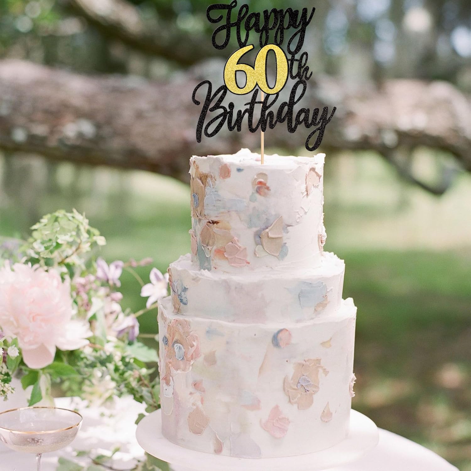 1 PCS Happy 60th Birthday Cake Topper Black Gold Glitter Cheers to 60 Years Birthday Cake Pick 60 Fabulous Cake Decoration for Happy 60th Birthday Anniversary Party Cake Decorations Supplies