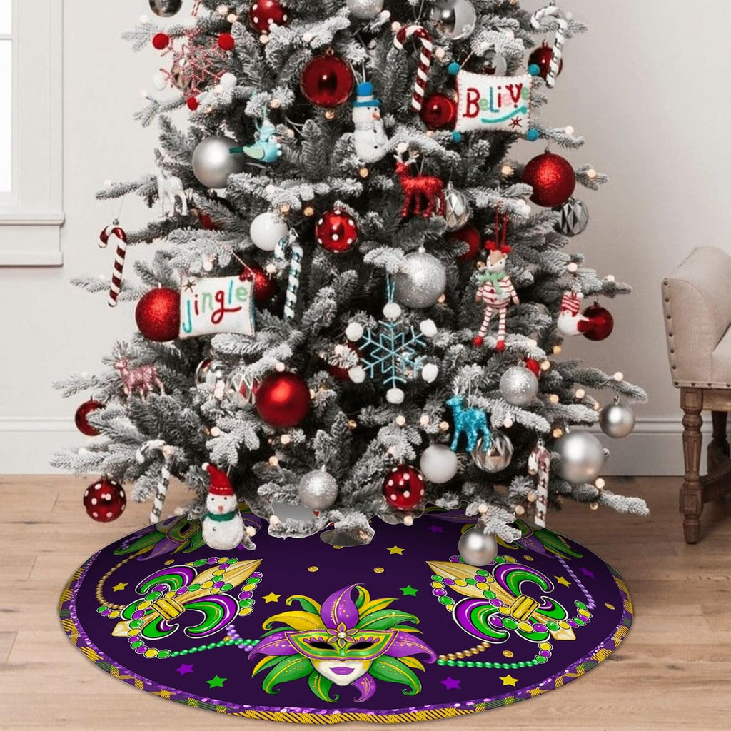 Mardi Gras Tree Skirt 36in - Mardi Gras Christmas Tree Decor Ornament for Mask Beads Feather Purple Carnival Christmas Trees Mat Decorations for Home Holiday Party