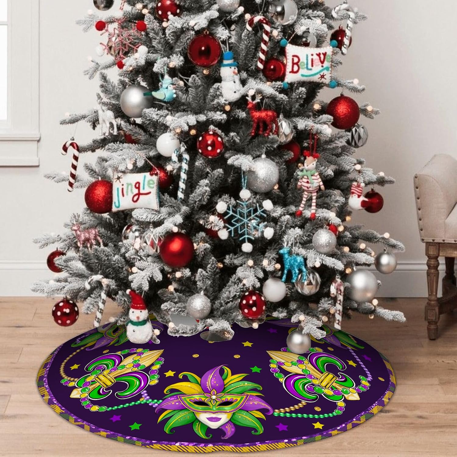 Mardi Gras Tree Skirt 36in - Mardi Gras Christmas Tree Decor Ornament for Mask Beads Feather Purple Carnival Christmas Trees Mat Decorations for Home Holiday Party