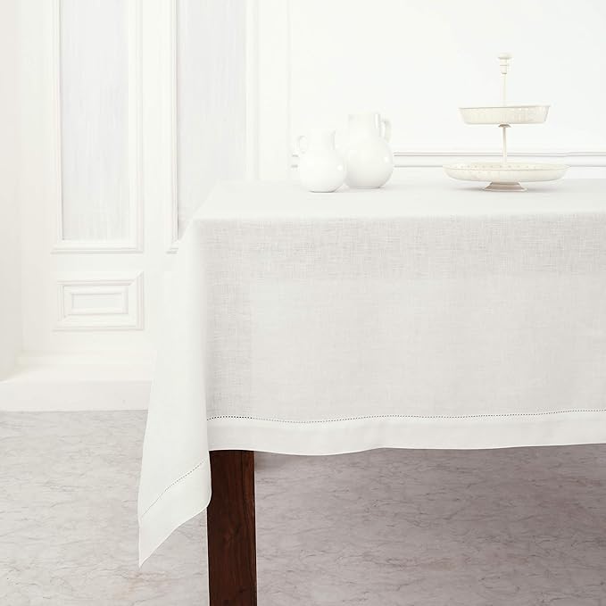 Solino Home Linen Tablecloth 60 x 108 Inch - Classic Hemstitch 100% Pure Linen White Table Cloth for Rectangle Tables - Machine Washable Tablecloth for Fall, Autumn, Halloween, Thanksgiving, Holiday