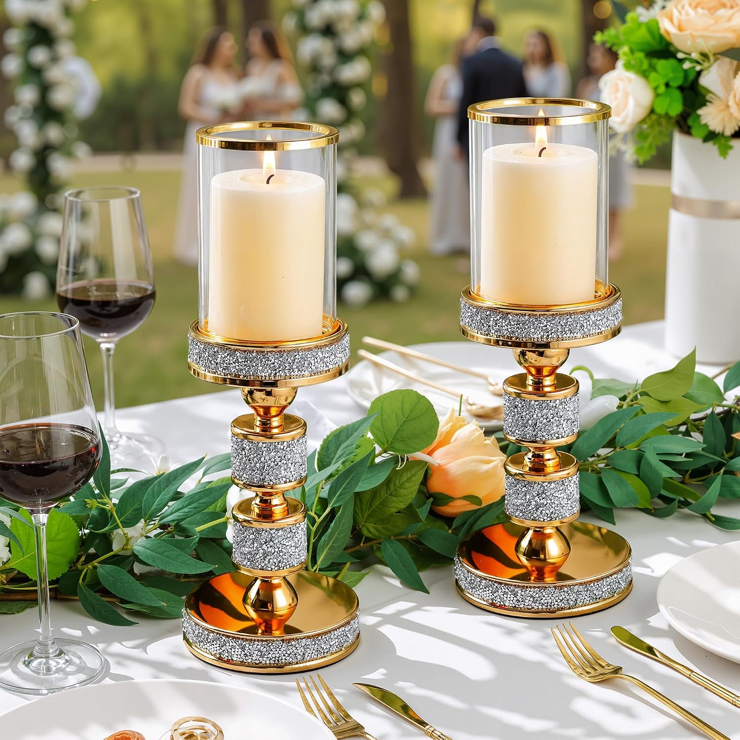 Hurricane Candle Holder, 13.5" Tall Metal Candle Stand, Glass Pillar Candle Holders, Crystal Gold Decorative Centerpieces for Table, Wedding and Dining Room (Fits Candles up to 3"x5", 2pcs, M)