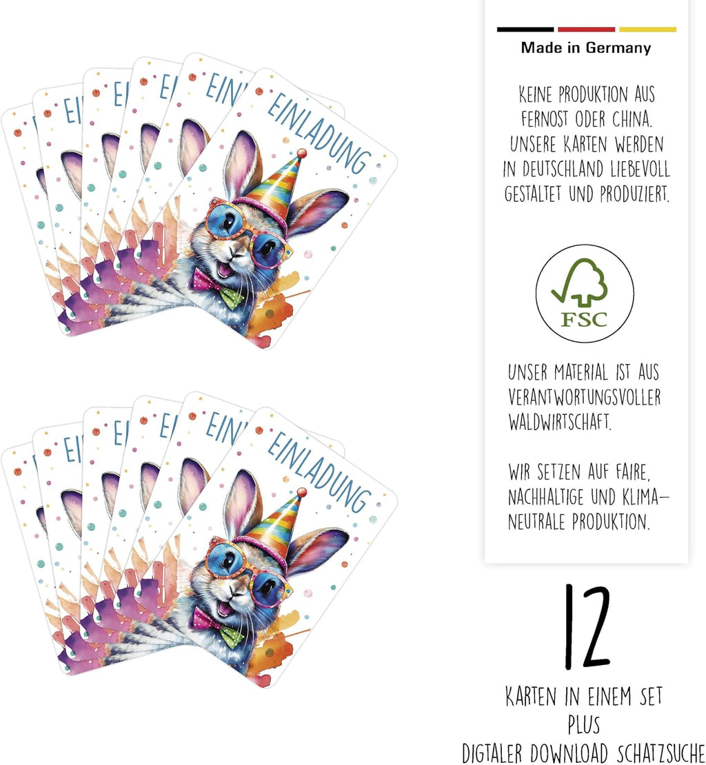 CALLUNA® Rabbit Glitter Invitation Cards Children's Birthday Girls – Pack of 12 – Funny Alpaca Birthday Invitations with Real Glitter Varnish – Invitation Cards Teenager Girls