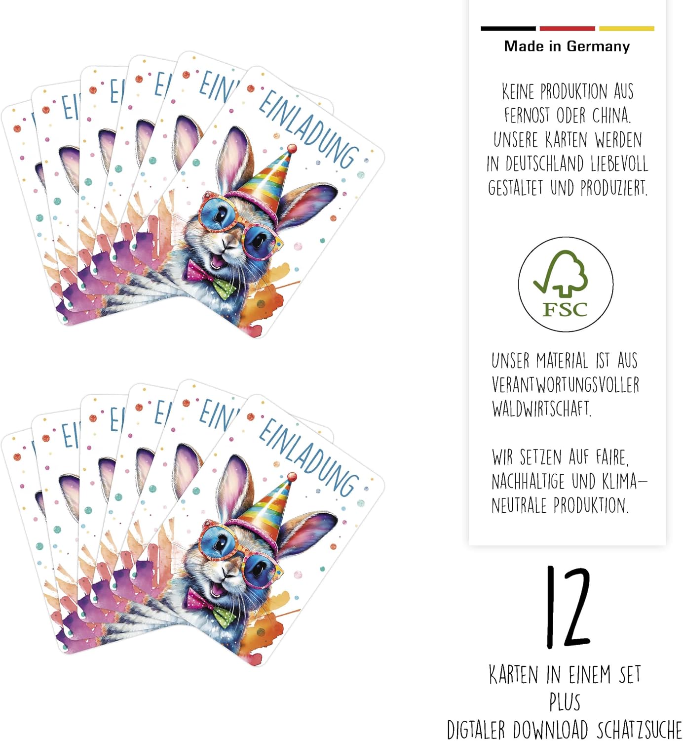 CALLUNA® Rabbit Glitter Invitation Cards Children's Birthday Girls – Pack of 12 – Funny Alpaca Birthday Invitations with Real Glitter Varnish – Invitation Cards Teenager Girls