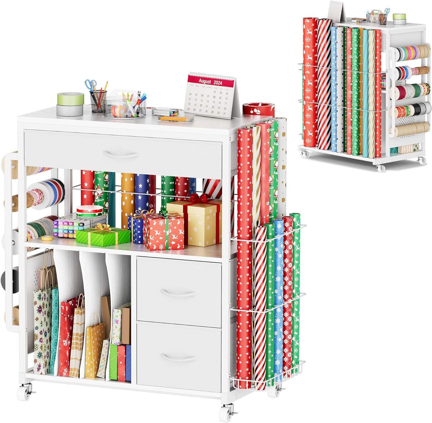PUNLUXU Wrapping Paper Storage Cart, Rolling Gift Wrap Station with Ribbon and Gift Bag, Craft Organizer Holder, 03 MAX Patent Protected