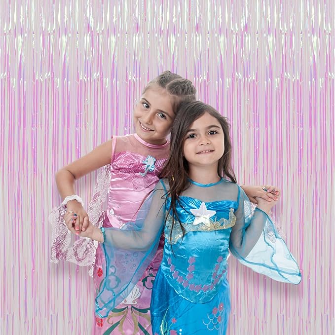2 Pack Iridescent Transparent Foil Fringe Backdrop Curtains, Tinsel Streamers Birthday Party Decorations, Fringe Backdrop for Graduation, Baby Shower, Gender Reveal, Disco Party