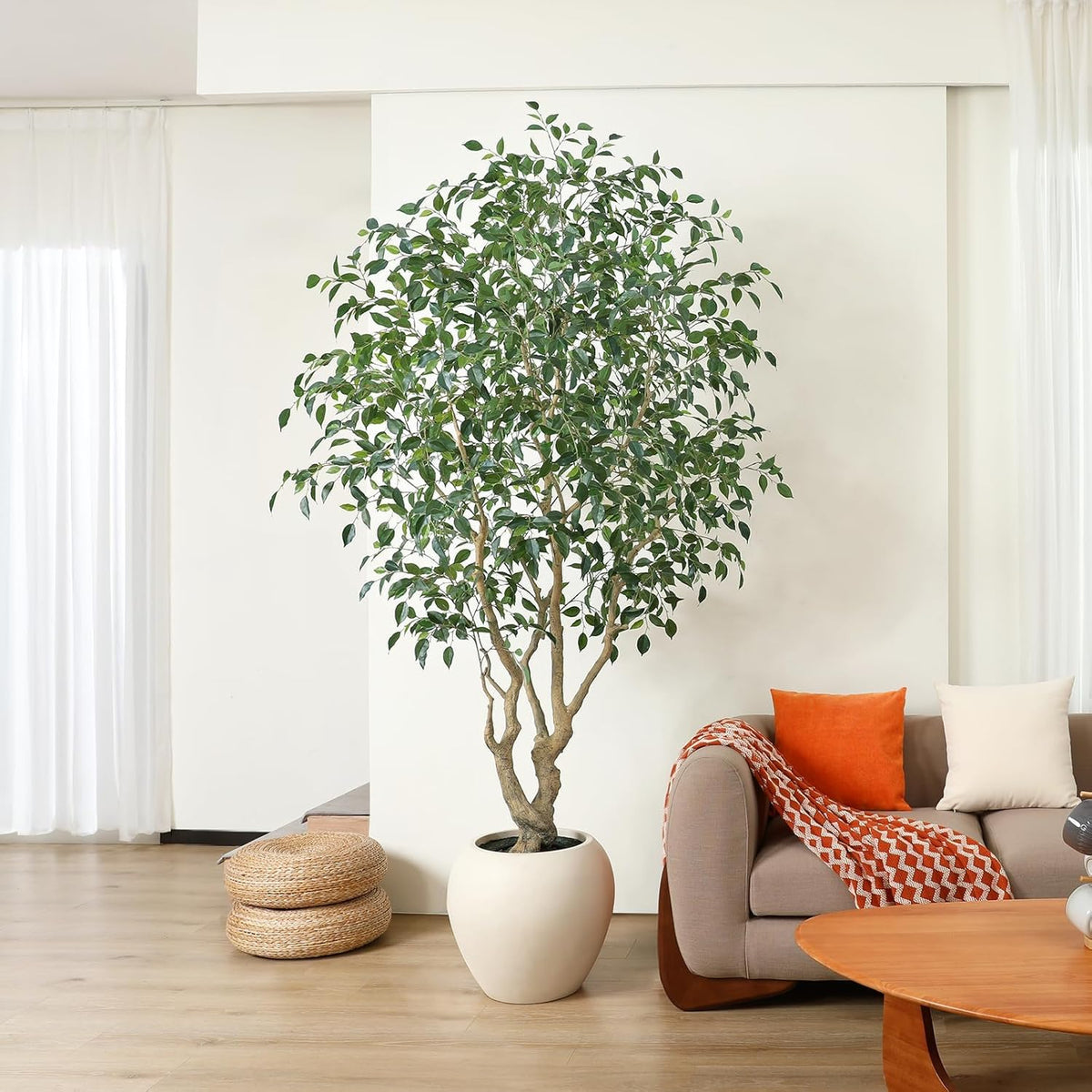 SOGUYI 8 Feet Ficus Tree Artificial Indoor with Round Artisan Planter