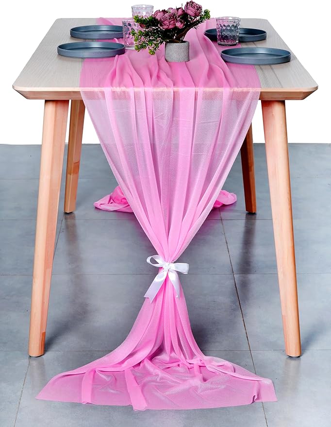 MDS 15 Pack 10ft Chiffon Table Runner 29 x 120 Inches Sheer Wedding Runner Romantic Rustic Table Runner for Wedding Decorations, Birthday Parties, Bridal Shower Party Arch Decor - Bubblegum Pink