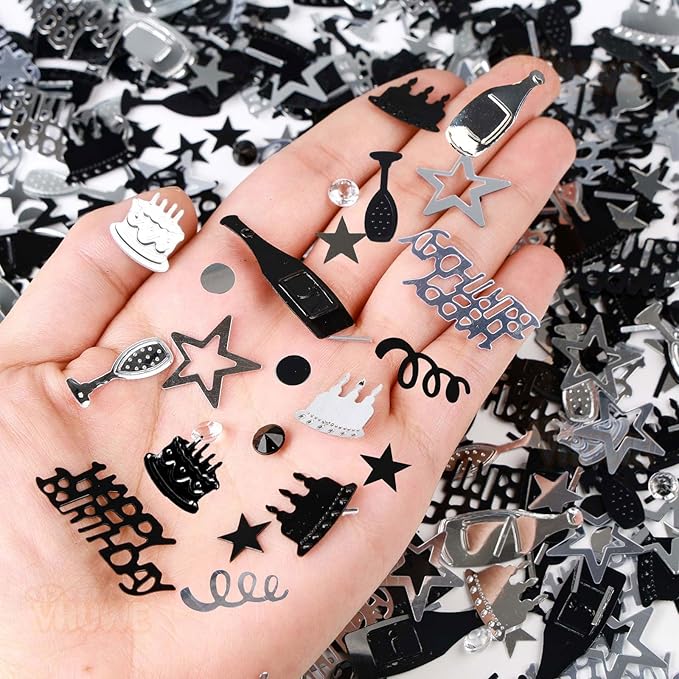 VHUWE Happy Birthday Confetti, 1.6 oz Black Silver Cake Balloon Star Goblet Bottle Confetti for Happy Birthday Party Decorations Boys Girls Kids Women Men Birthday Table Decorations | Black Silver