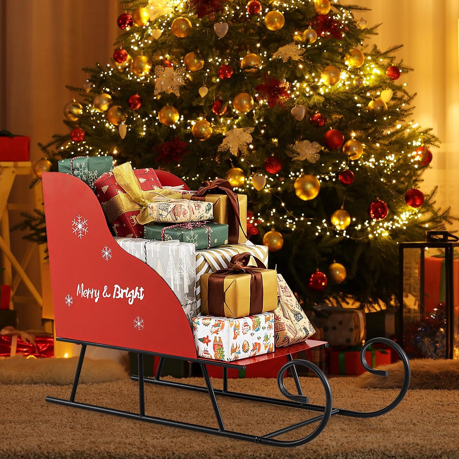 Metal Christmas Santa Sleigh Basket, Red Christmas Sleigh Decoration for Gift Storage, Santa’s Gift Sleigh for Holiday Displays, Festive Decorative Sleigh Cart for Indoor Outdoor Home Party