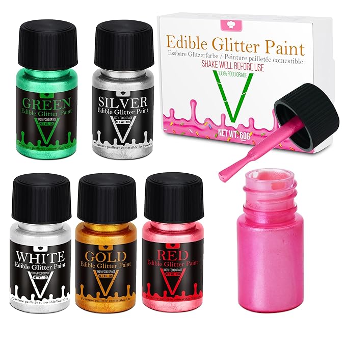 Edible Glitter Paint - 6 Colors Food Grade Edible Paint for Cake, Chocolate, Cupcakes, Cocktail, Shimmer Decorative Paint Liquid Food Coloring for Halloween Candy, Drinks, Baking, 6x10g