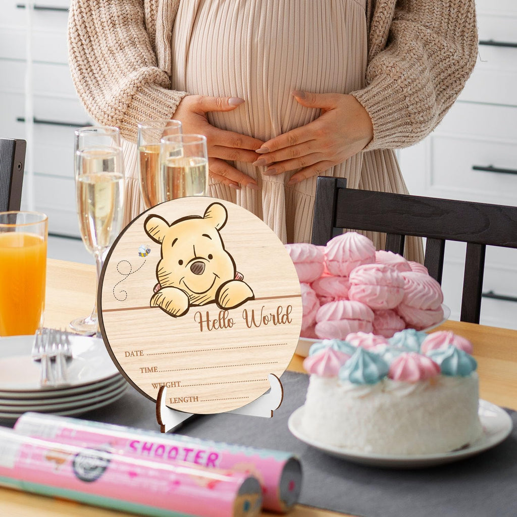 Winnie Baby Wooden Newborn Birth Sign, Winnie Hello World Newborn Signs, The Pooh Baby Announcement Sign, Double Sided Babies Name Plaques Photography Prop, Hello World for New Mom Babies
