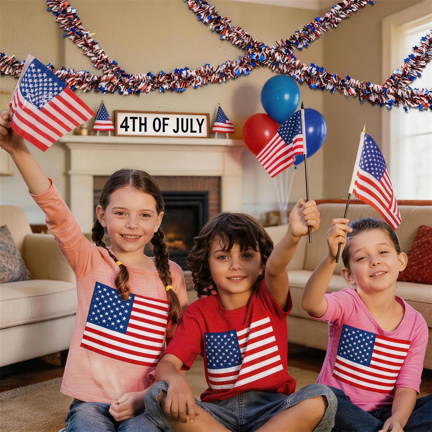 4th of July Garland Decorations, 50Ft Tinsel Garland Patriotic Decorations, Red White and Blue Garland for Memorial Day Decorations (Star)