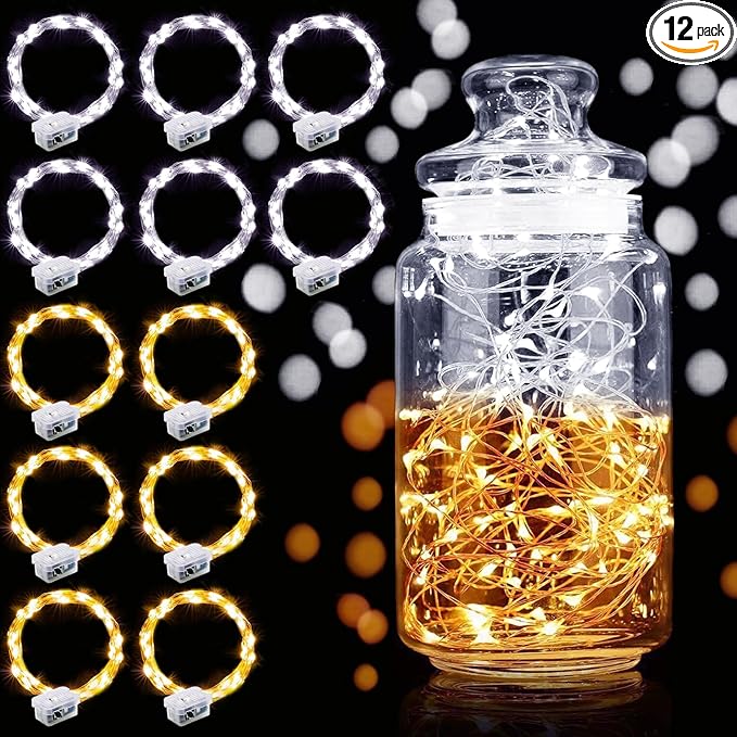 Aogist 12 Pack Fairy Lights 3 Modes 7ft 20 LED Waterproof,Battery Operated Silver Wire Firefly Starry Moon Mini String Lights for Mason Jars Christmas DIY Crafts Party Bedroom,Cool White&Warm White