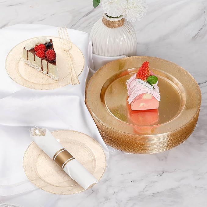 Goodluck 175 Piece Gold Glitter Plastic Dinnerware Set for 25 Guests, Fancy Disposable Plates for Party, Include: 25 Dinner Plates, 25 Dessert Plates, 25 Pre Rolled Napkins with Silverware, 25 Cups