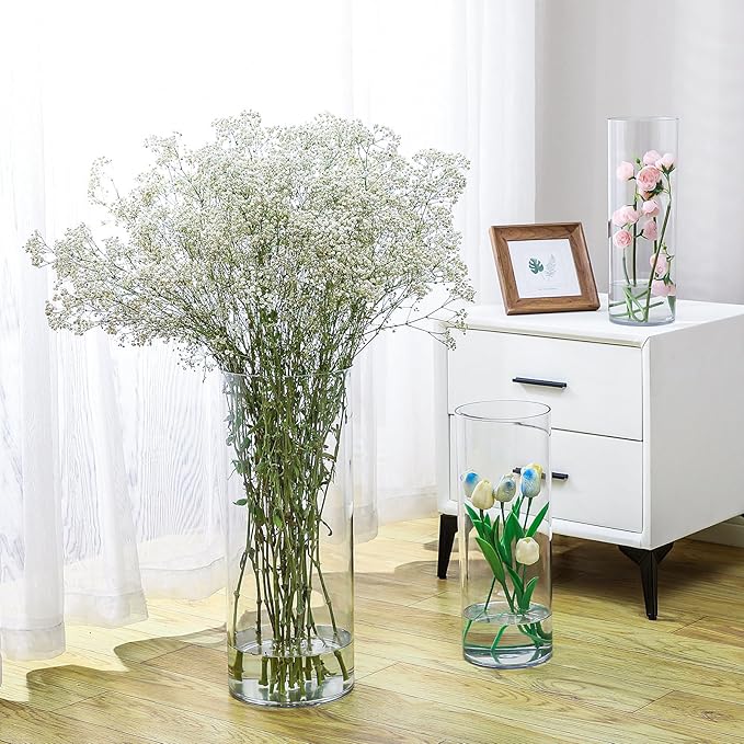 Extra Large Acrylic Cylinder Clear Vase for Floor, Tall Big Wide Mouth Plastic Unbreakable Hurricane Flower Vases of 3 for Home Decor (D 8" X H 19.7", D 6", D 4.8" + 2 Holder)