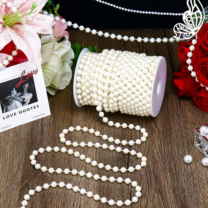 59 Feet 8mm Pearl Strings Garland for Crafts, Artificial Pearl Beaded Trim Chain Roll Strands for Wedding Centerpieces Bouquet Party Decoration Christmas Tree Garland, Ivory