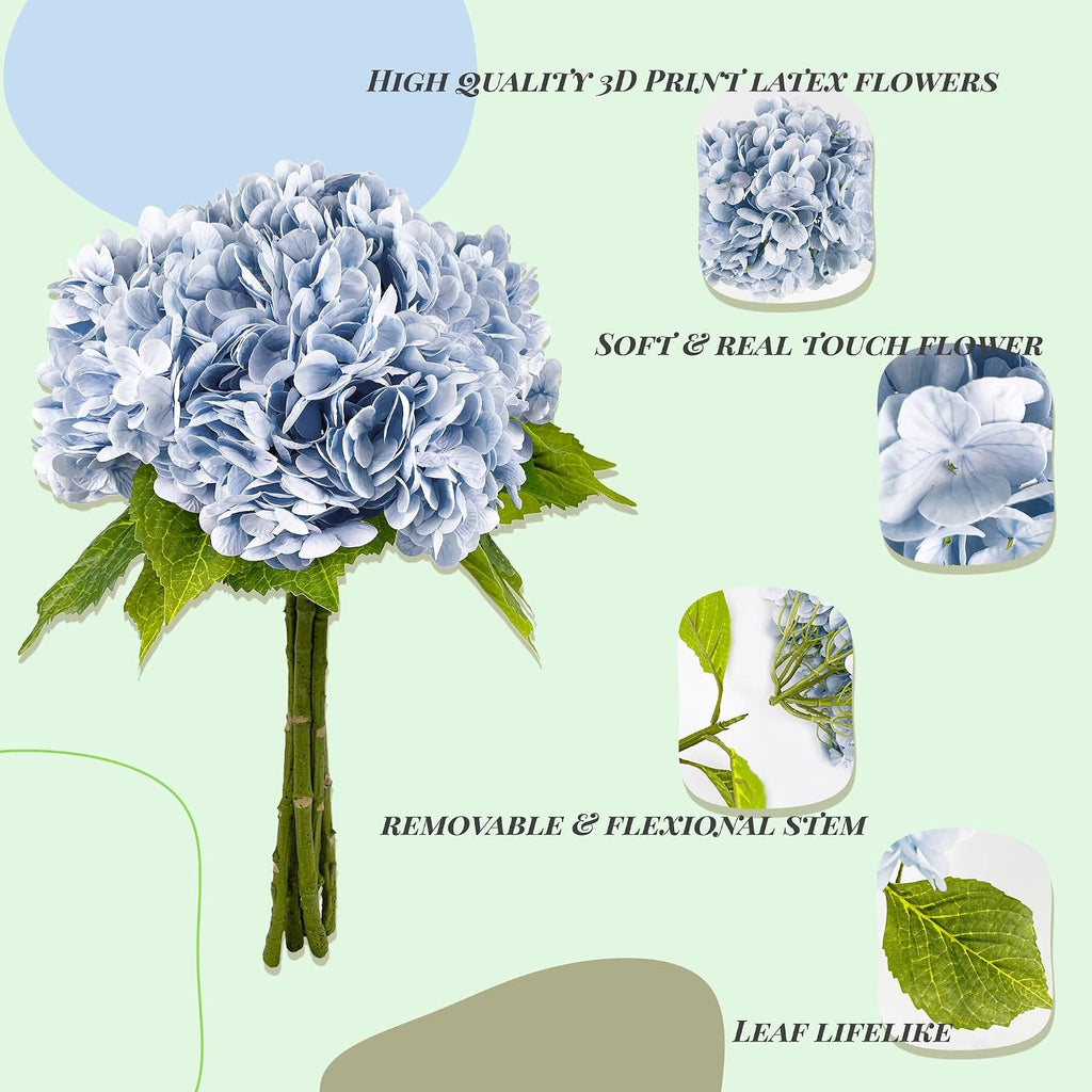 yatim 21in blue artificial hydrangea flowers with stems, close-up detail