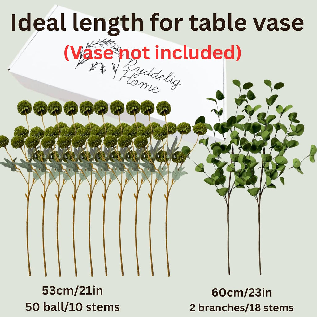 green flowers artificial & faux greenery for vase showing dimensions
