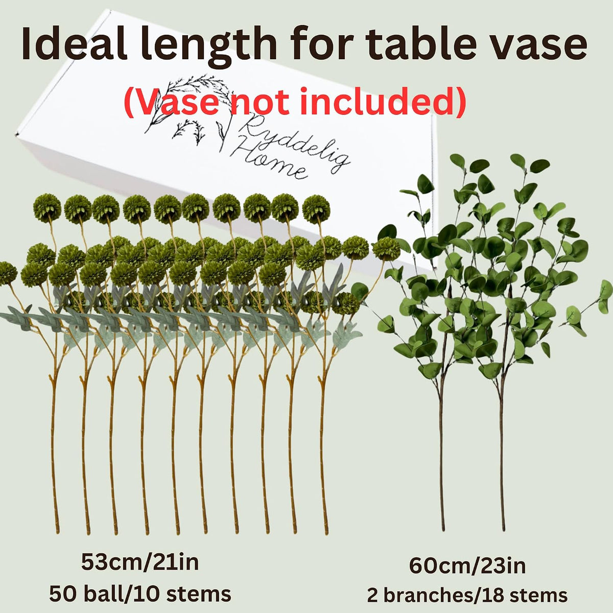 green flowers artificial & faux greenery for vase showing dimensions
