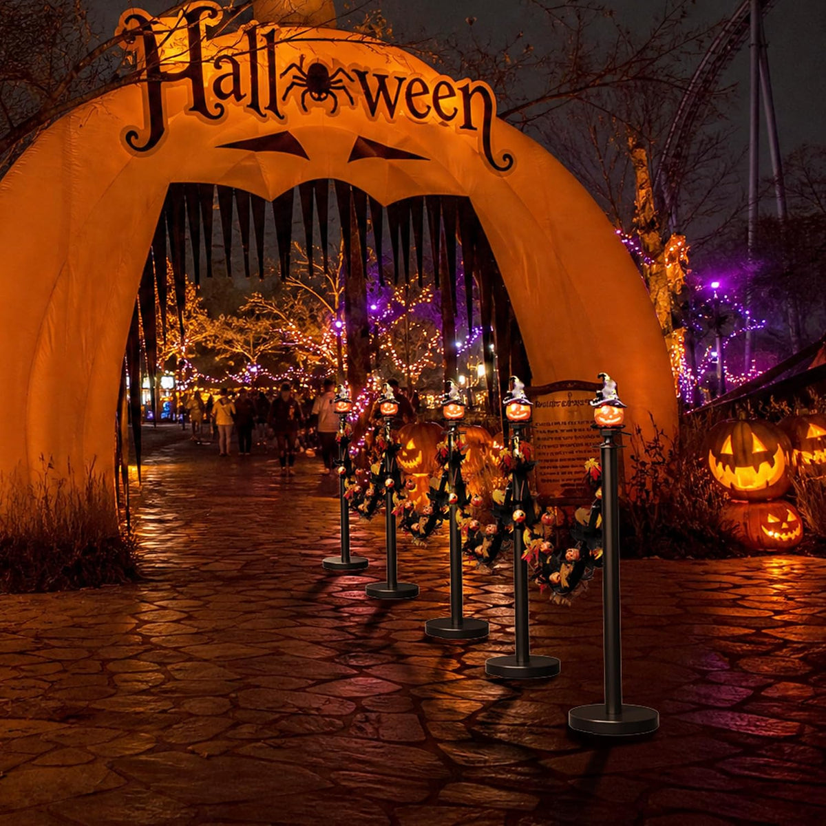6 Pack Halloween Hat Pumpkin Head Black Stanchions and Velvet Ropes Set, Stai...