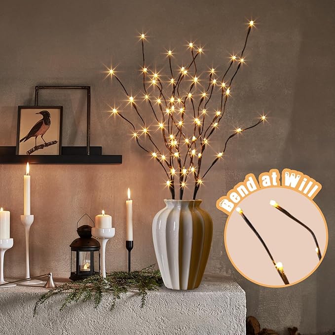 PEIDUO Lighted Brown Branches with Timer, 30Inch 3PK 60 LED Pathway Lights, Willow Branch Lights for Home Decorations Indoor Apartment Outdoor Stake Lights for Lawn