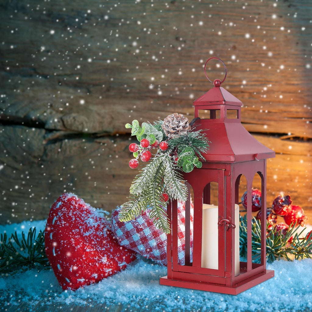 Christmas Decorations for Home, Decorative Christmas Lantern Indoor Outdoor Decor, Metal Hanging Candle Holder with Xmas Teardrop Wreath and LED Candle for Table Centerpieces, Patio (Red)