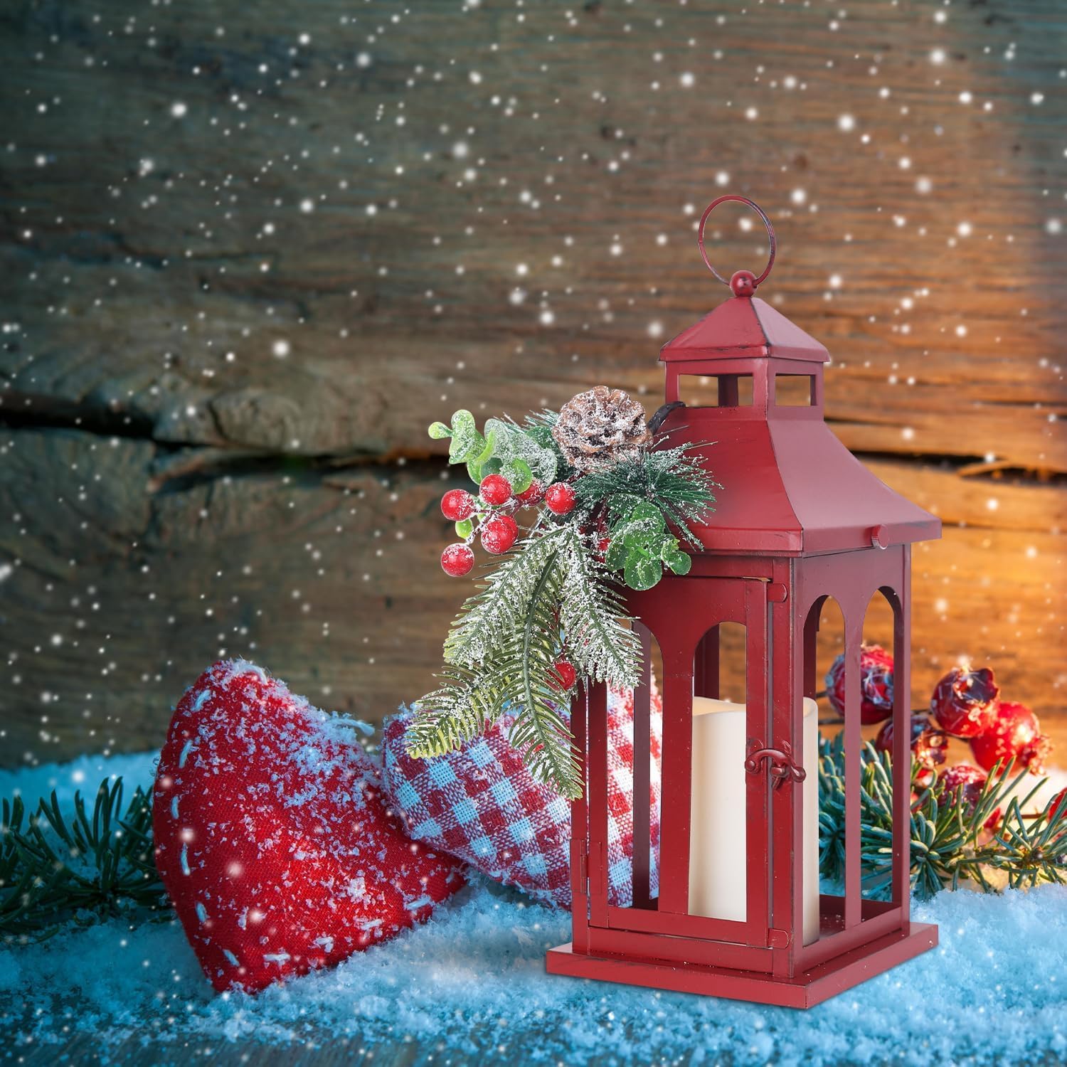 Christmas Decorations for Home, Decorative Christmas Lantern Indoor Outdoor Decor, Metal Hanging Candle Holder with Xmas Teardrop Wreath and LED Candle for Table Centerpieces, Patio (Red)