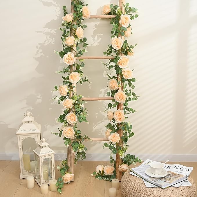 Dolicer 4Pcs 26Ft Artificial Eucalyptus Garlands with Flowers - 8 Roses, Faux Floral Greenery Garlands Fake Flowers Vines for Wedding Table Centerpieces Arch Party Ceremony Backdrop Decor (Champagne)