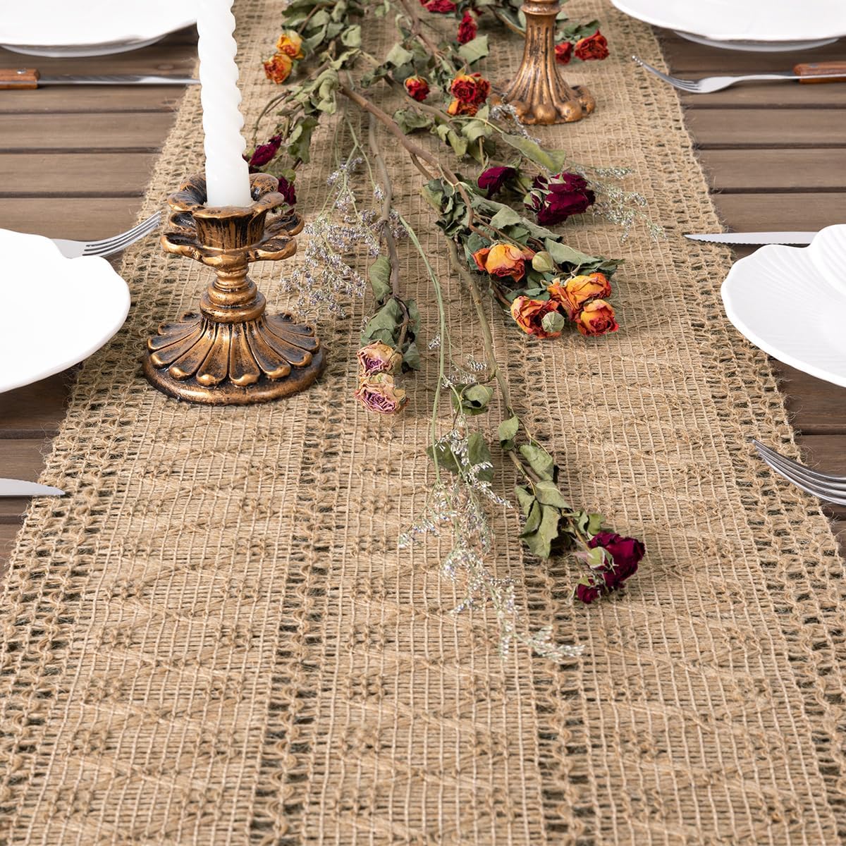 Socomi Boho Table Runner Summer Farmhouse Burlap Jute Bamboo Rustic Dining Kitchen Centerpiece Decor Small Macrame Woven Coffee Table Runner for Dresser Scarf Home Decor 12x36 inch