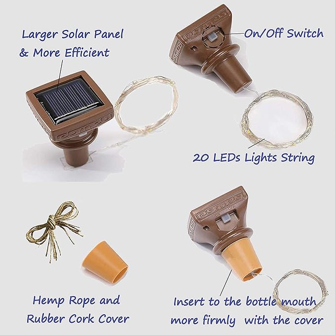 Decorman 10 Pack Solar Wine Bottle Lights 20 LEDs Waterproof Fairy Cork String Silver Wire Craft Lights for Party, Wedding, Christmas, Holiday, Garden, Patio or Table Decor