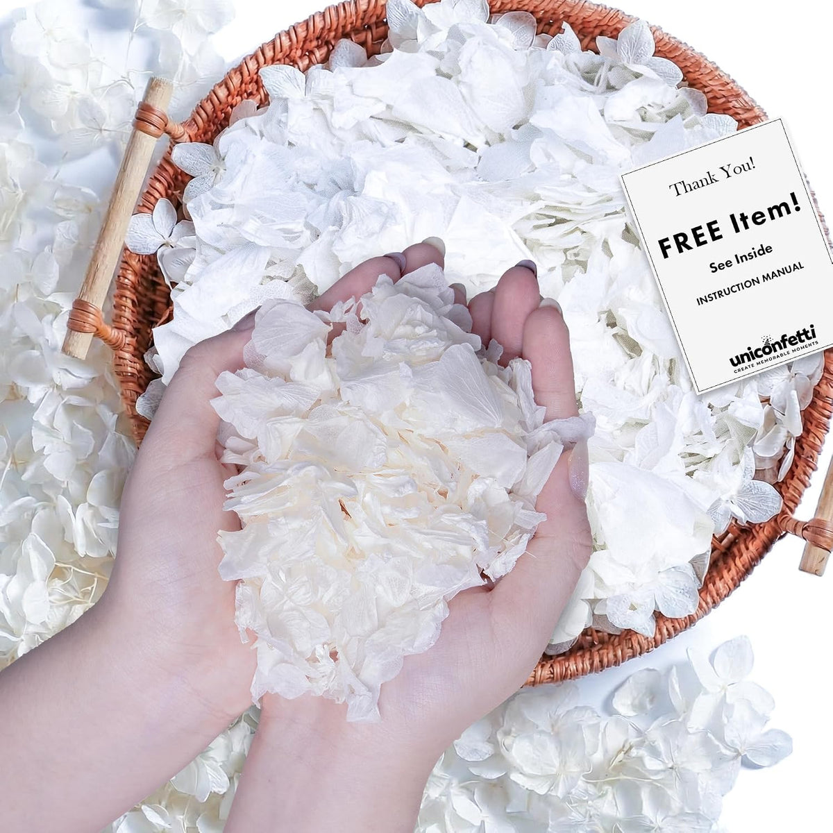 real ivory hydrangea dried flower confetti, nature?friendly, ivory shown in use