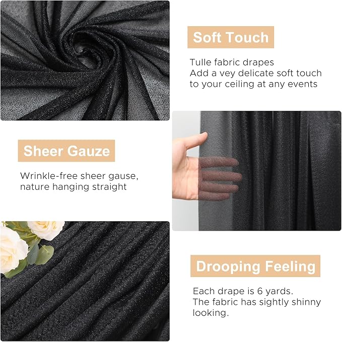 Wokceer Wedding Arch Draping Fabric - 6 Panels, 28.7" x 20FT Black Sheer Drapes for Wedding Ceremony, Birthday Party, Bridal Shower Decoration