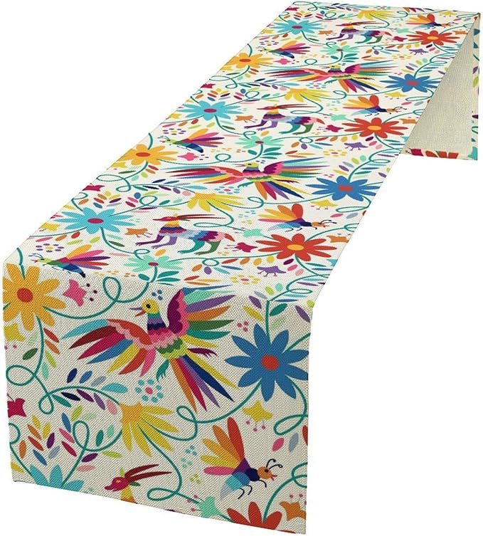 Mexican Table Runner,Boho Colorful Nature Inspired Flowers and Birds Table Cloth Kitchen Dining Table Home Party Decoration 13x36 Inch