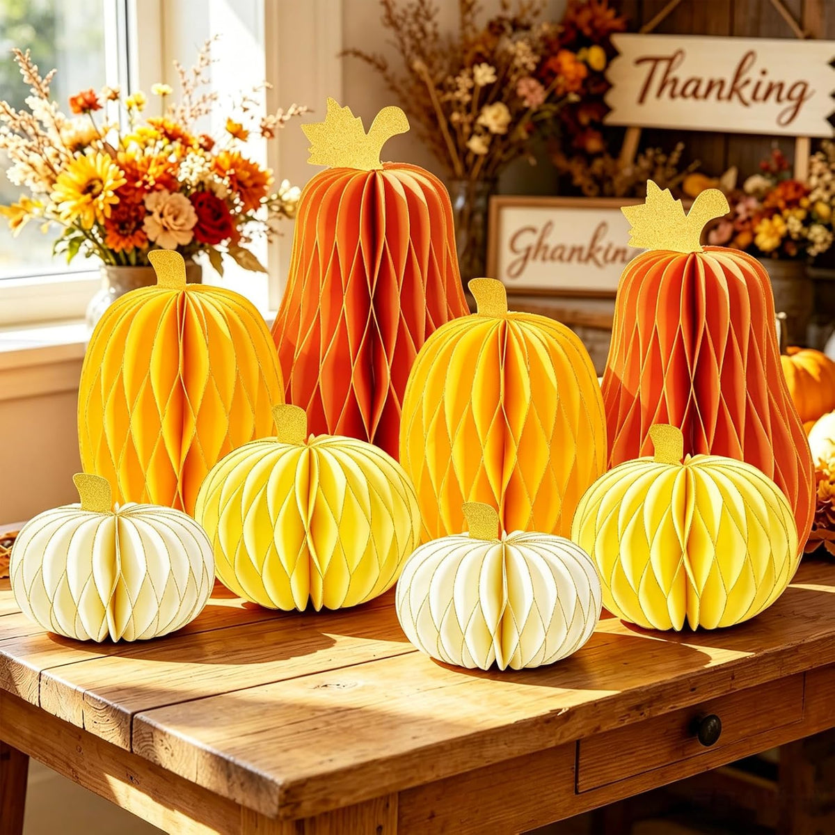 SUBEAUTY 8 PCS Pumpkin Honeycomb Centerpieces Fall Pumpkin Party Decoration T...