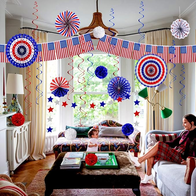 26Pcs 4th of July Decorations Patriotic Decor USA Flag String Red White Blue Paper Fans Star Streamer Pom Poms Hanging Swirls for Memorial Day,Fourth of July,Armed Forces Day,Flag Day