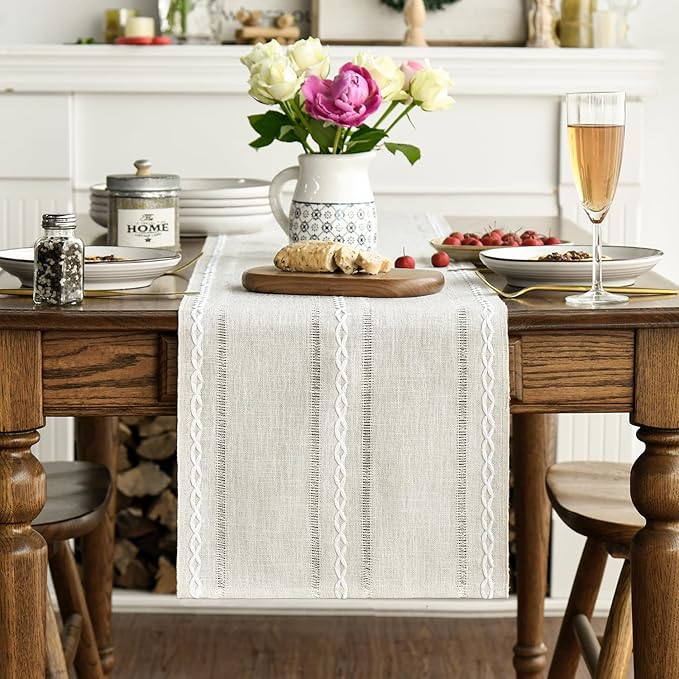 Artoid Mode Beige Rustic Cotton Linen Table Runner, Seasonal Embroidered Hollow Kitchen Dining Table Decoration for Home Party Decor 13x72 Inch