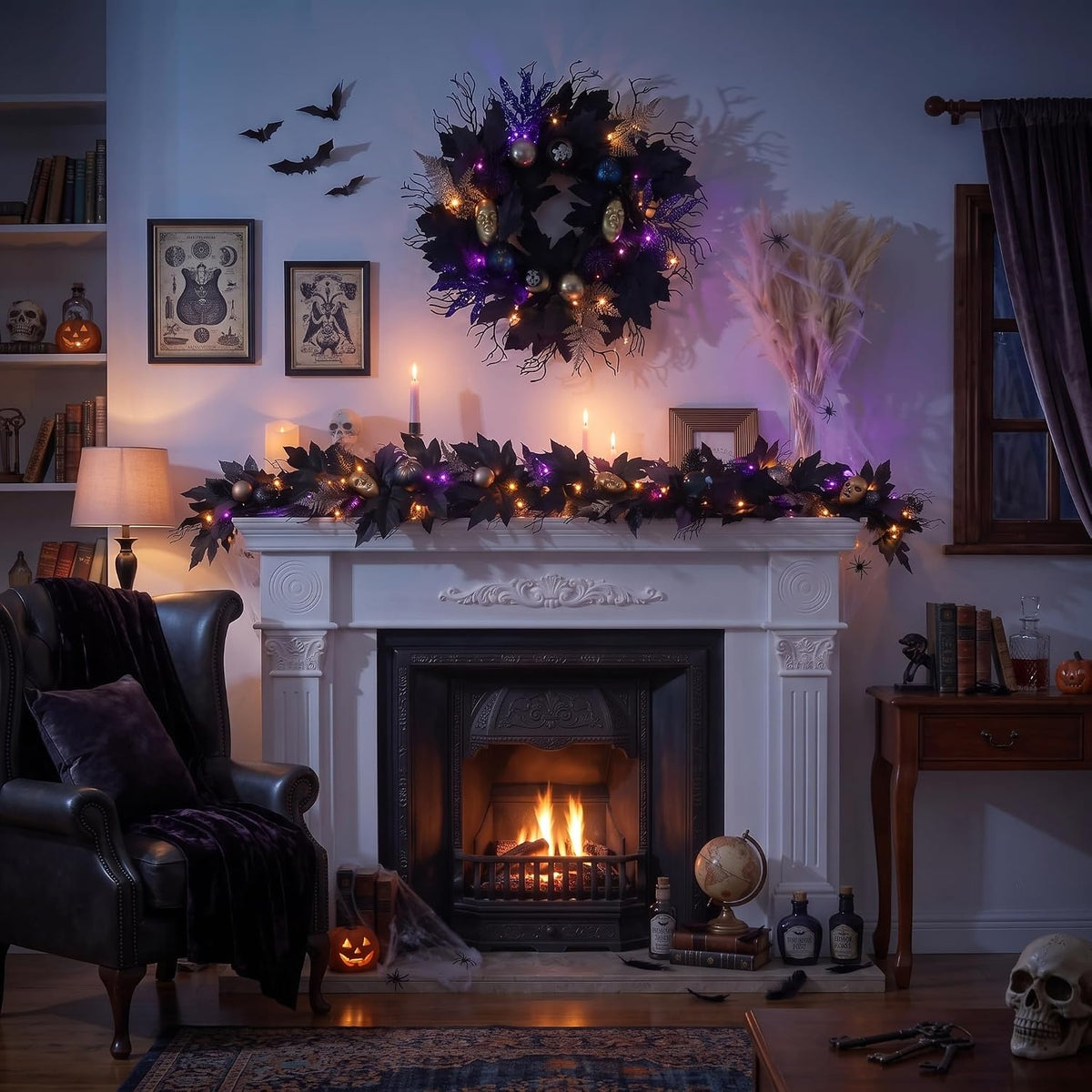 decorbyhannah 6ft halloween garland for mantle with lights, package contents
