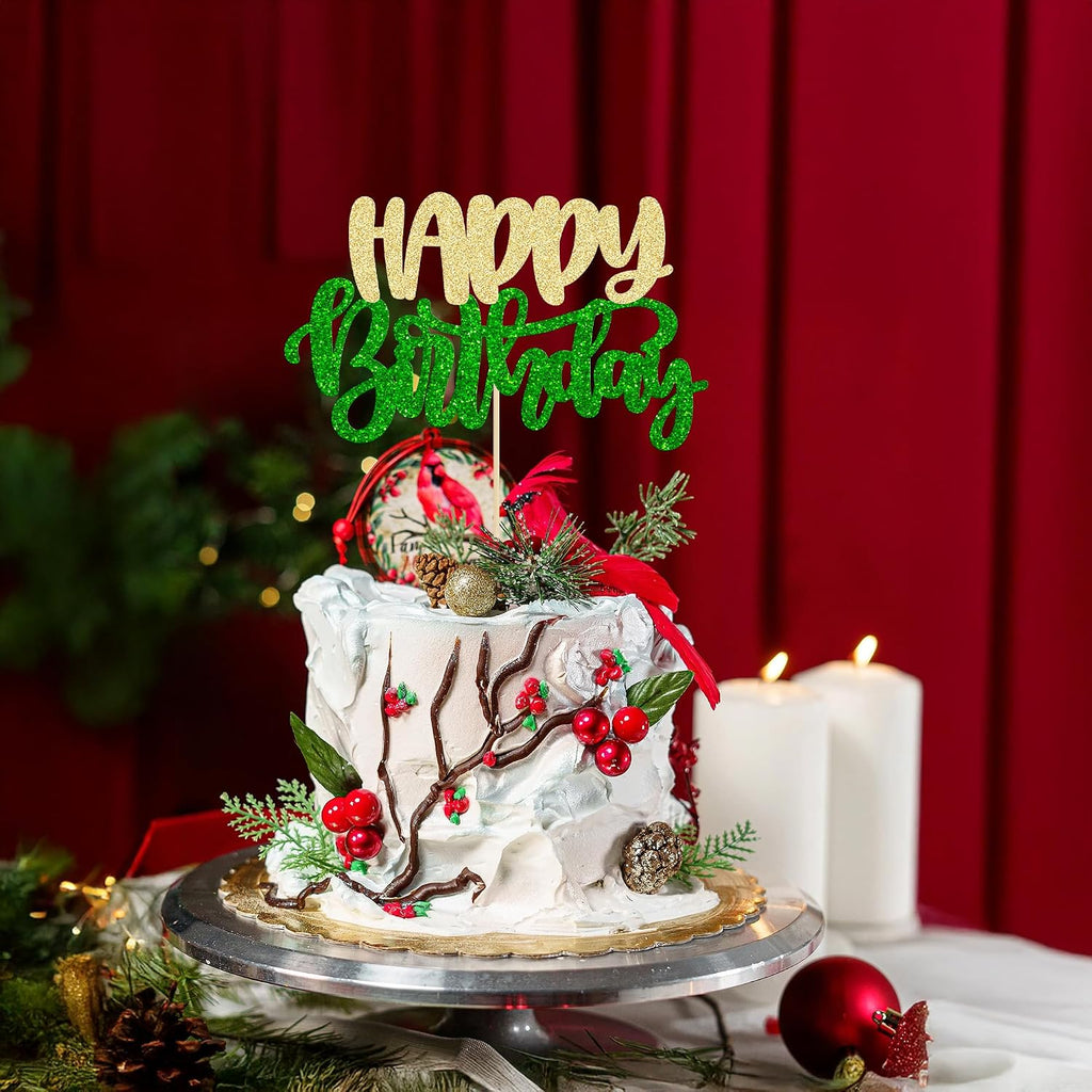 Gyufise 1Pcs Happy Birthday Cake Topper Glitter Happy Birthday Cake Pick for Christmas Theme Wedding Anniversary Theme Party Cake Decorations Supplies Green Gold