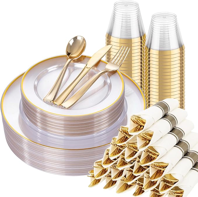 SUT 175 Pcs Gold and Clear Plastic Dinnerware Set for 25 Guests, Include: 25 Dinner Plates, 25 Dessert Plates, 25 Pre Rolled Napkins With Silverware, 25 Cups, Disposable Plates for Party, Wedding